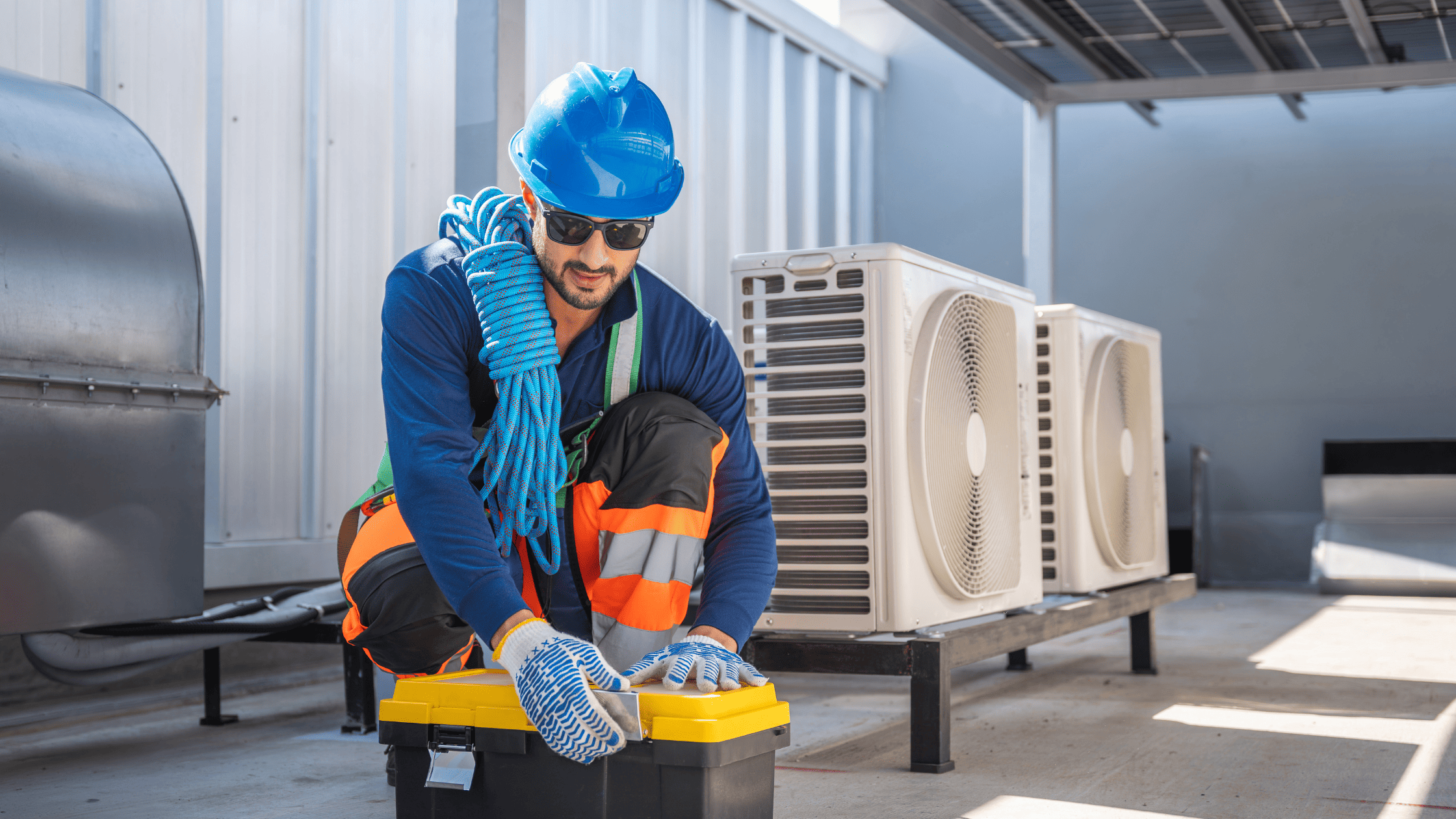 Técnico especializado revisando equipos de climatización en instalaciones de empresa para evitar averías, mejorar el rendimiento y mantener la actividad durante la temporada alta.